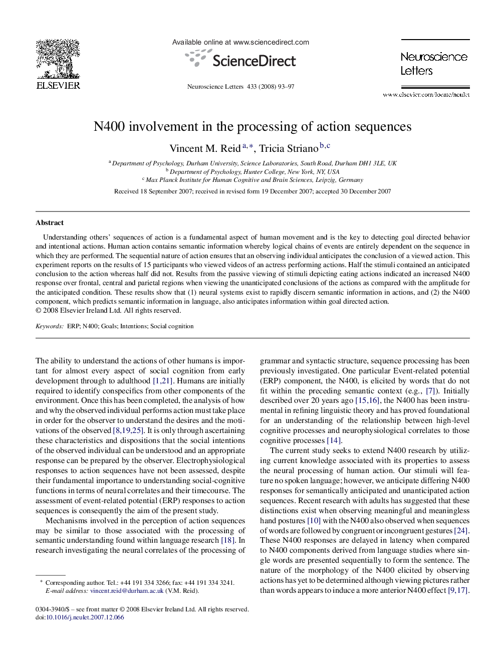 N400 involvement in the processing of action sequences