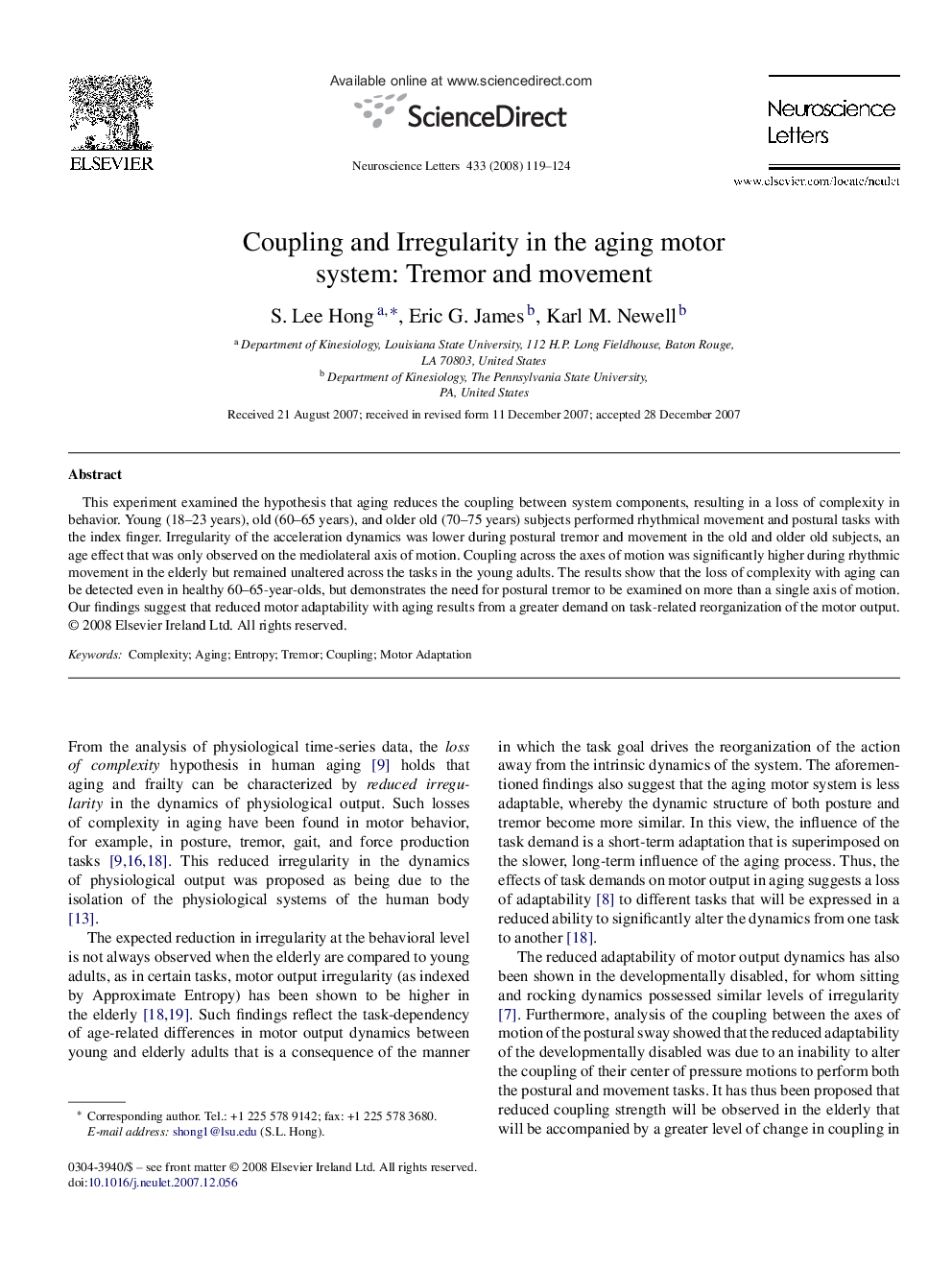 Coupling and Irregularity in the aging motor system: Tremor and movement