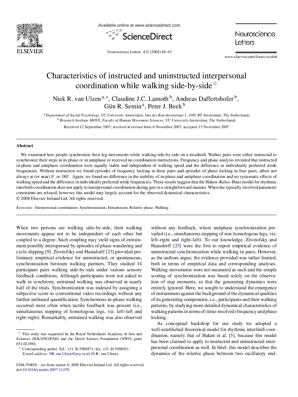 Characteristics of instructed and uninstructed interpersonal coordination while walking side-by-side 