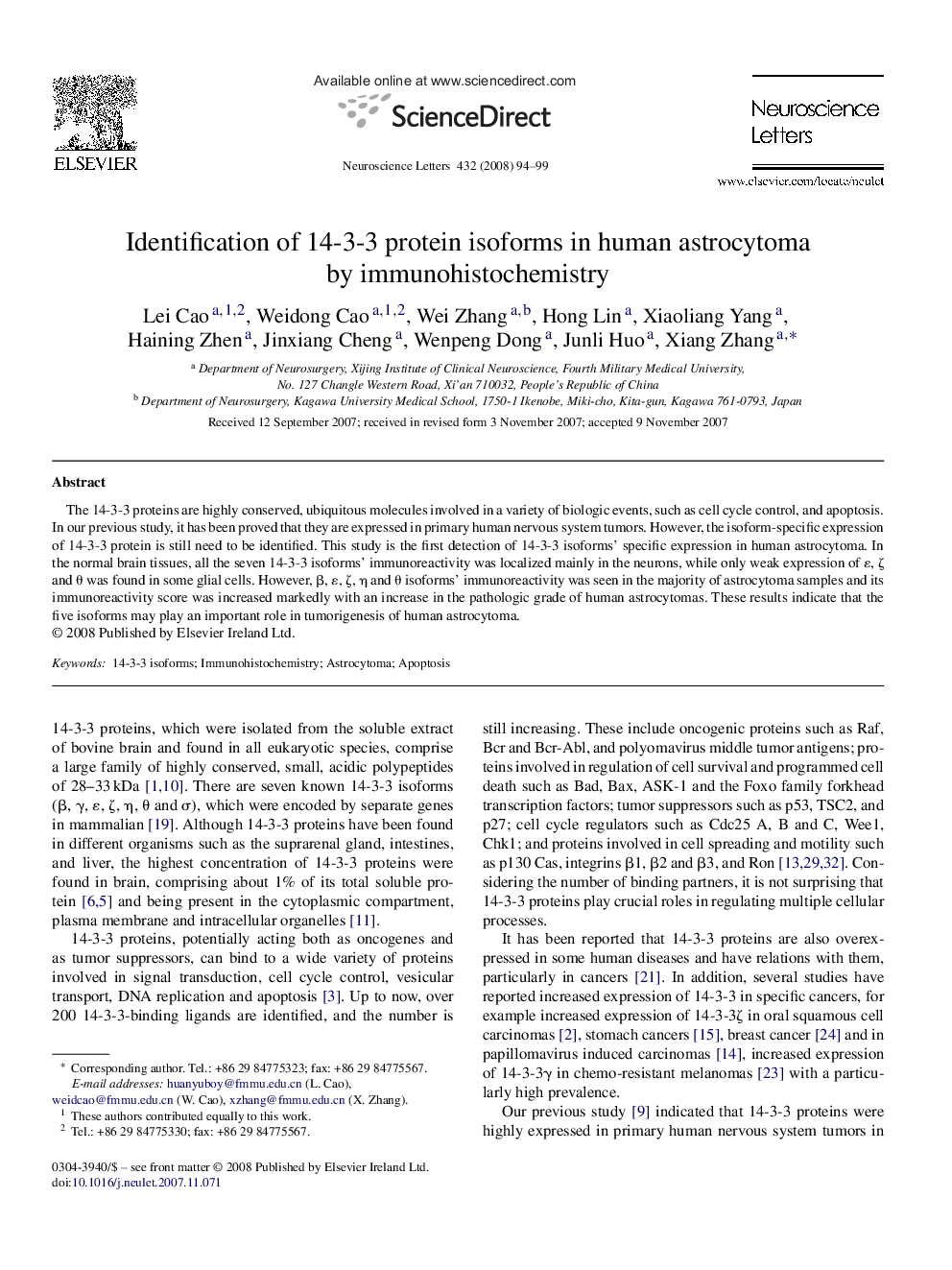 Identification of 14-3-3 protein isoforms in human astrocytoma by immunohistochemistry