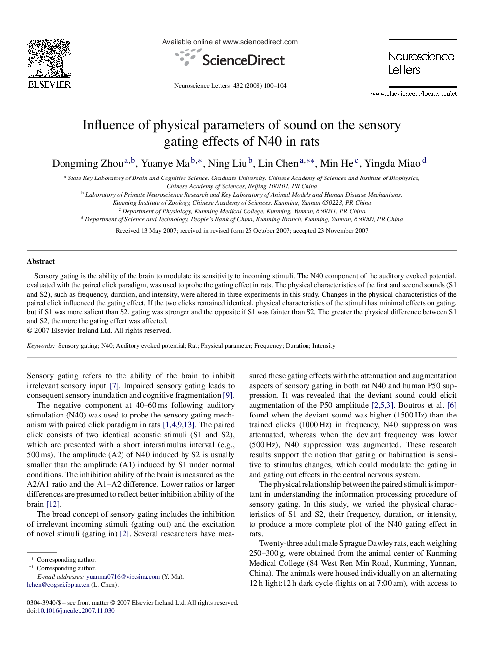 Influence of physical parameters of sound on the sensory gating effects of N40 in rats