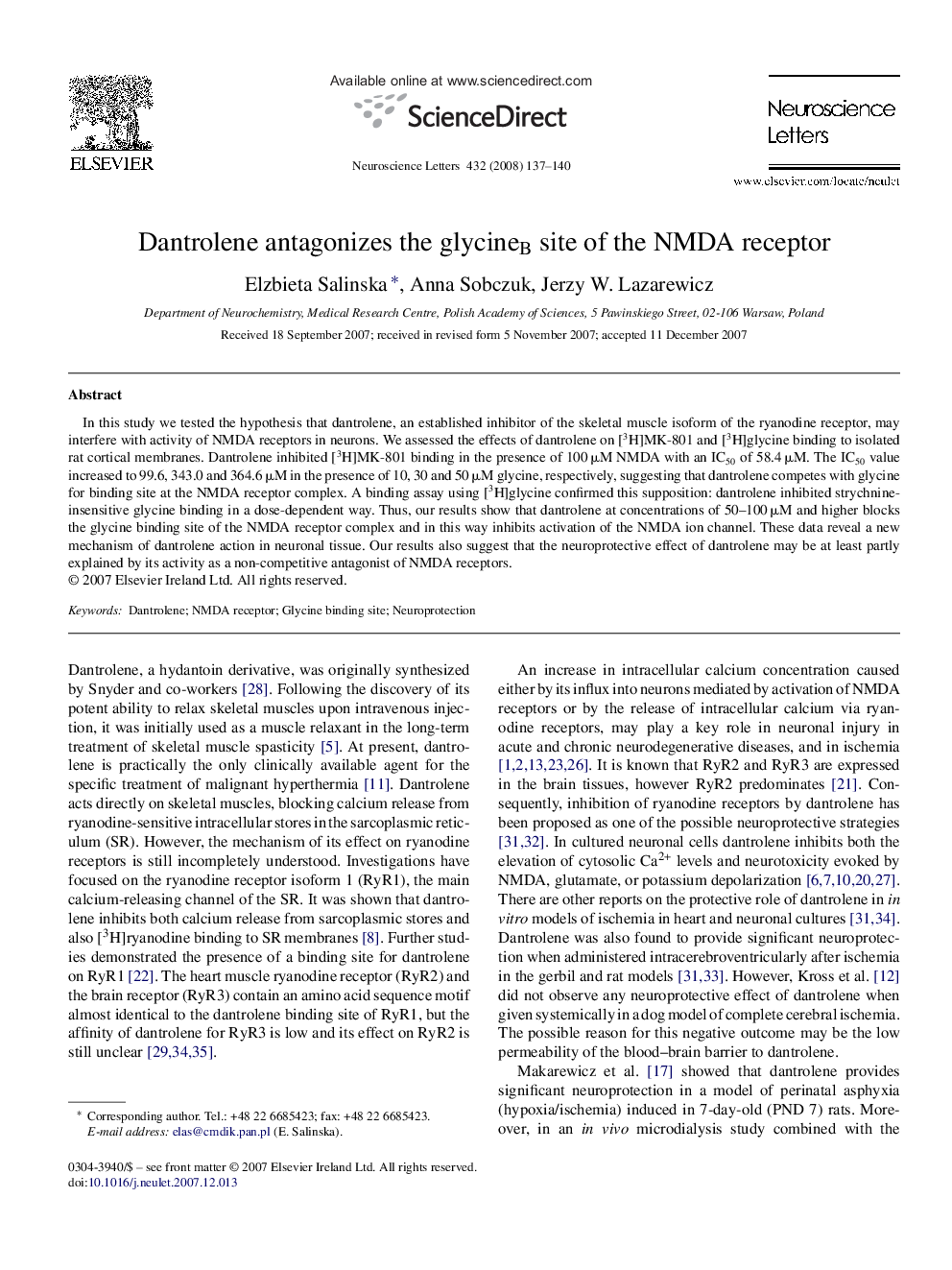 Dantrolene antagonizes the glycineB site of the NMDA receptor