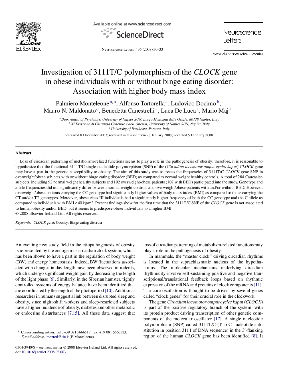 Investigation of 3111T/C polymorphism of the CLOCK gene in obese individuals with or without binge eating disorder: Association with higher body mass index