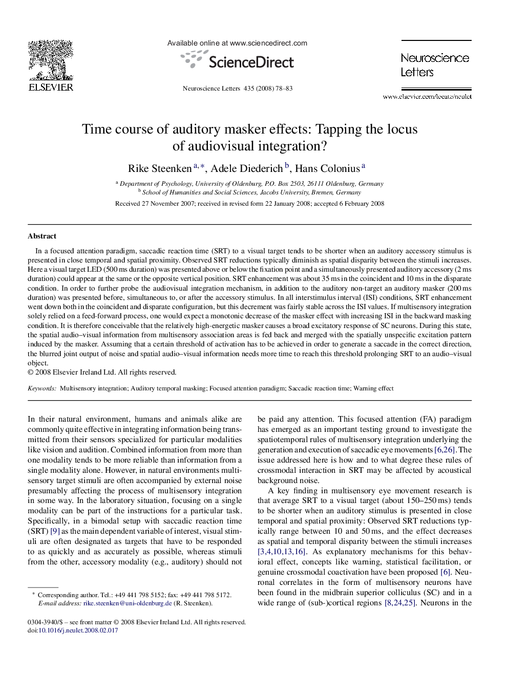 Time course of auditory masker effects: Tapping the locus of audiovisual integration?