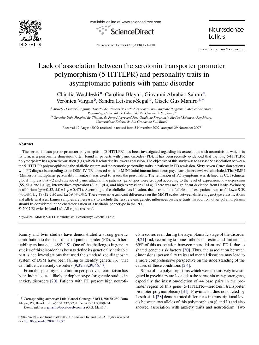 Lack of association between the serotonin transporter promoter polymorphism (5-HTTLPR) and personality traits in asymptomatic patients with panic disorder