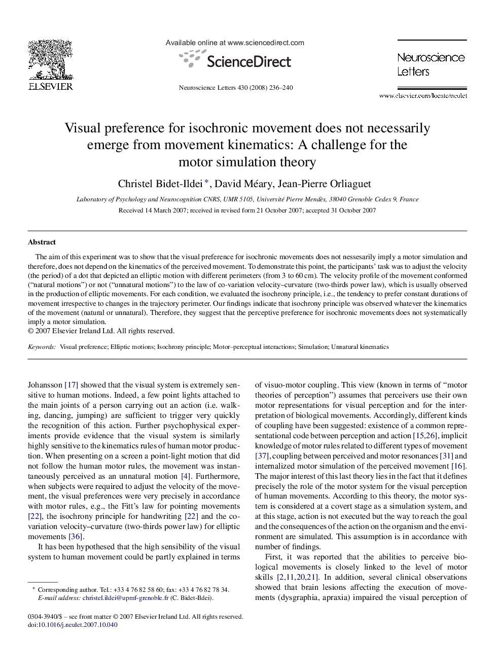 Visual preference for isochronic movement does not necessarily emerge from movement kinematics: A challenge for the motor simulation theory