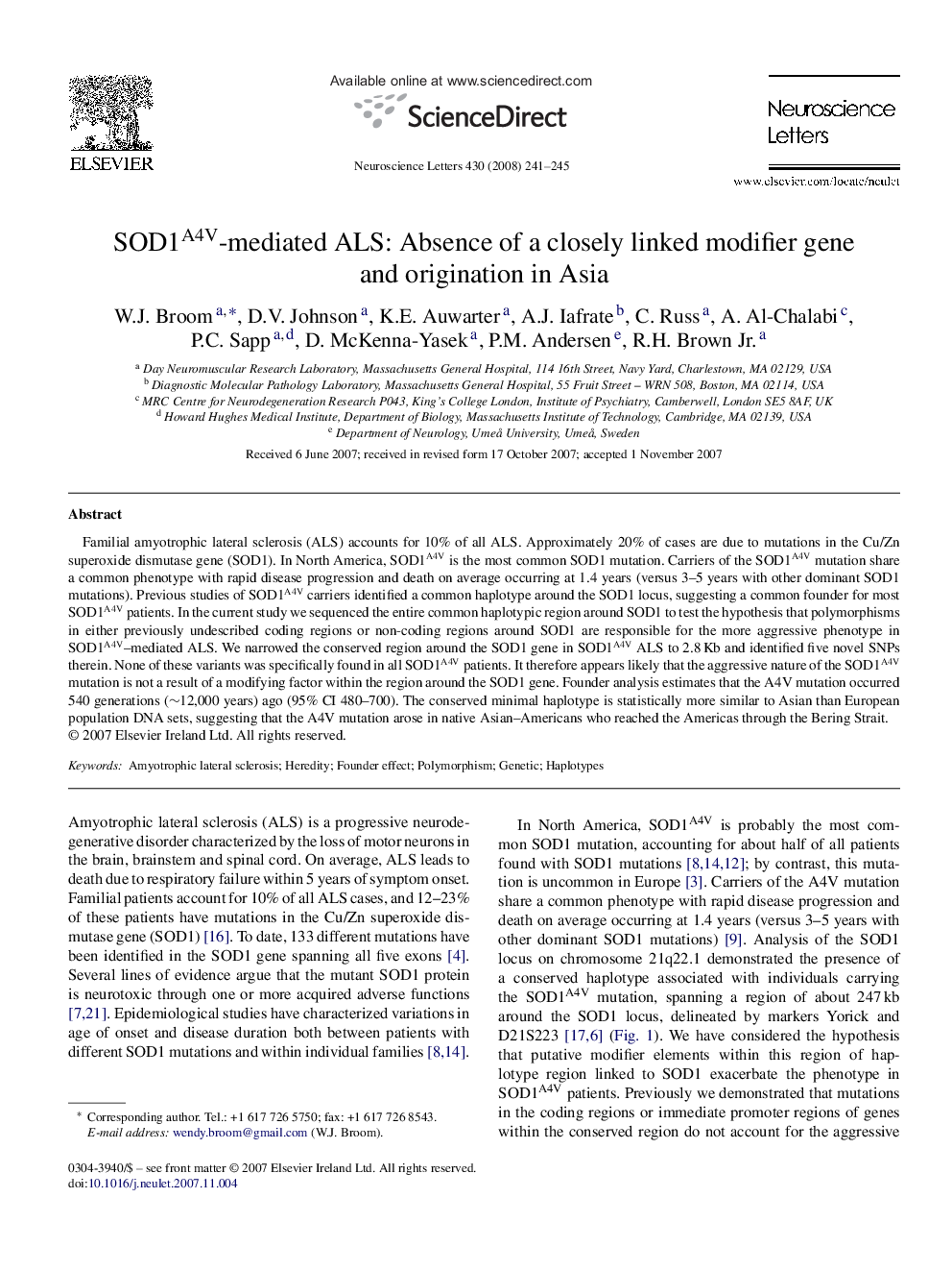 SOD1A4V-mediated ALS: Absence of a closely linked modifier gene and origination in Asia