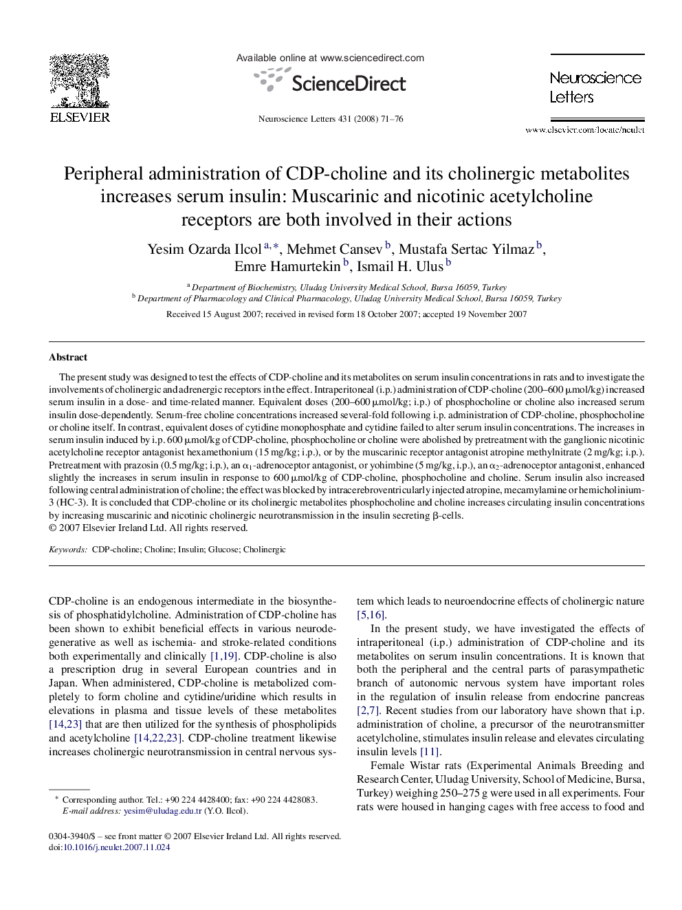 Peripheral administration of CDP-choline and its cholinergic metabolites increases serum insulin: Muscarinic and nicotinic acetylcholine receptors are both involved in their actions