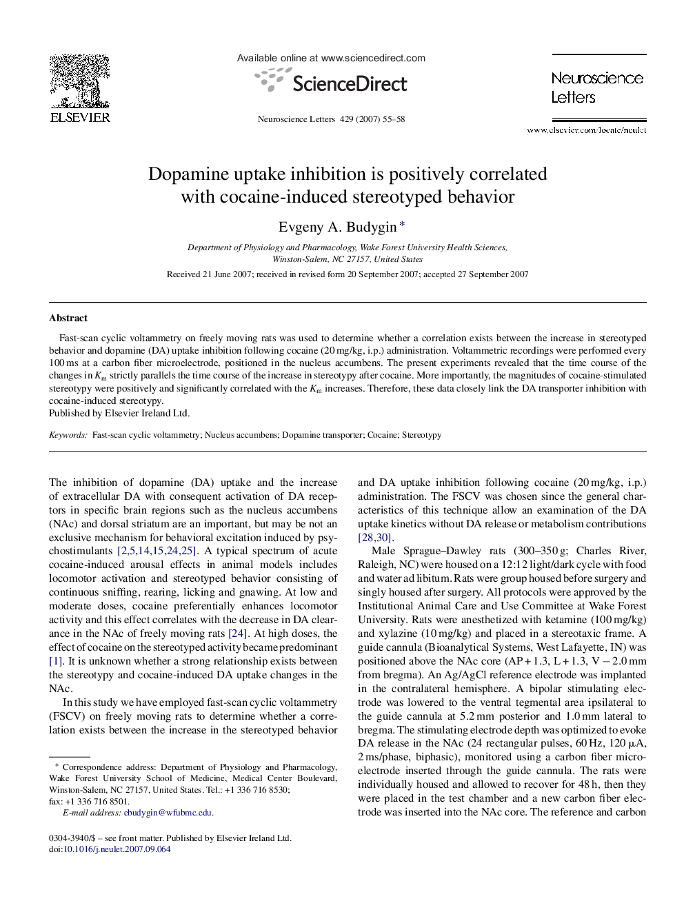 Dopamine uptake inhibition is positively correlated with cocaine-induced stereotyped behavior