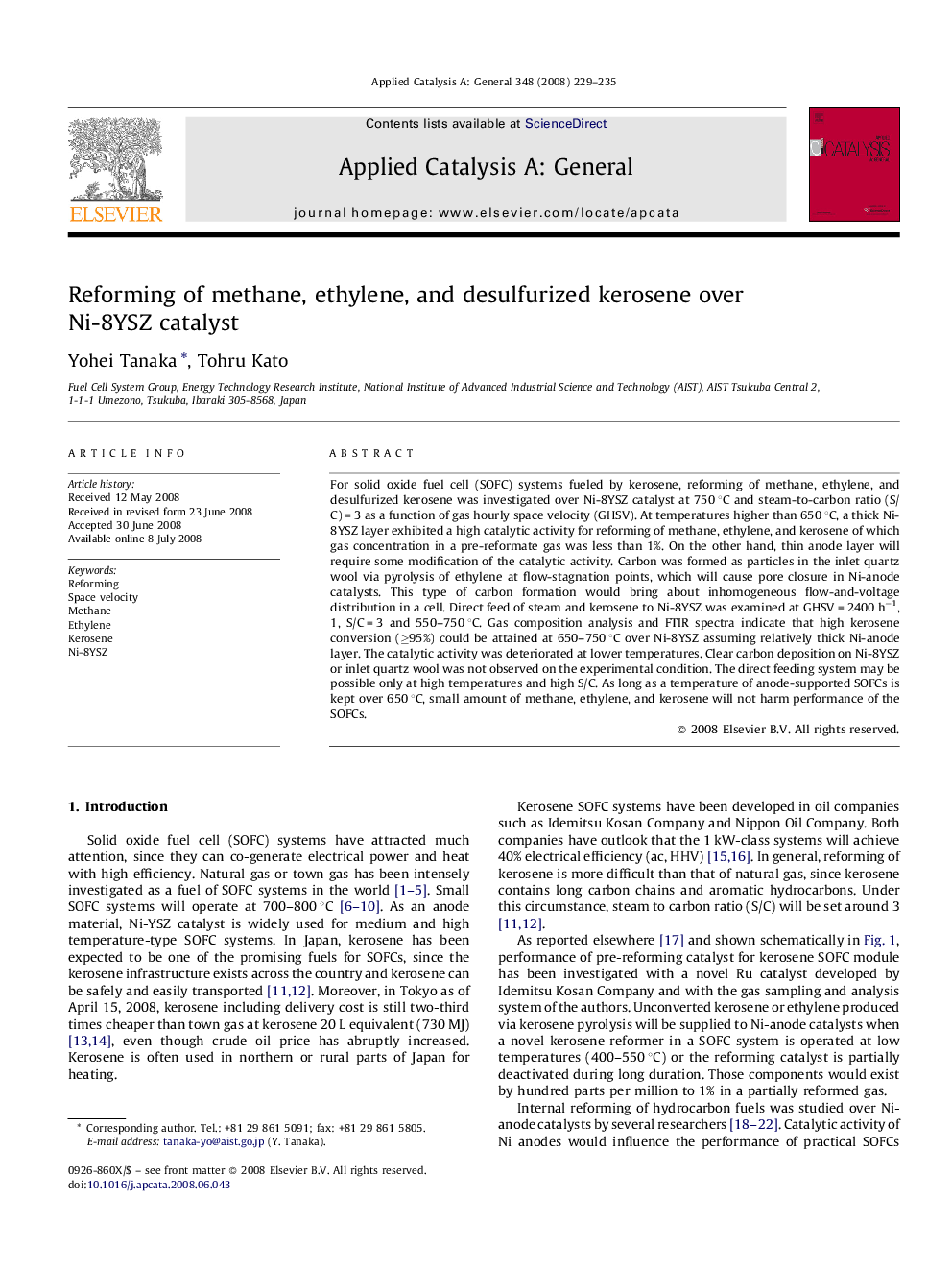 Reforming of methane, ethylene, and desulfurized kerosene over Ni-8YSZ catalyst