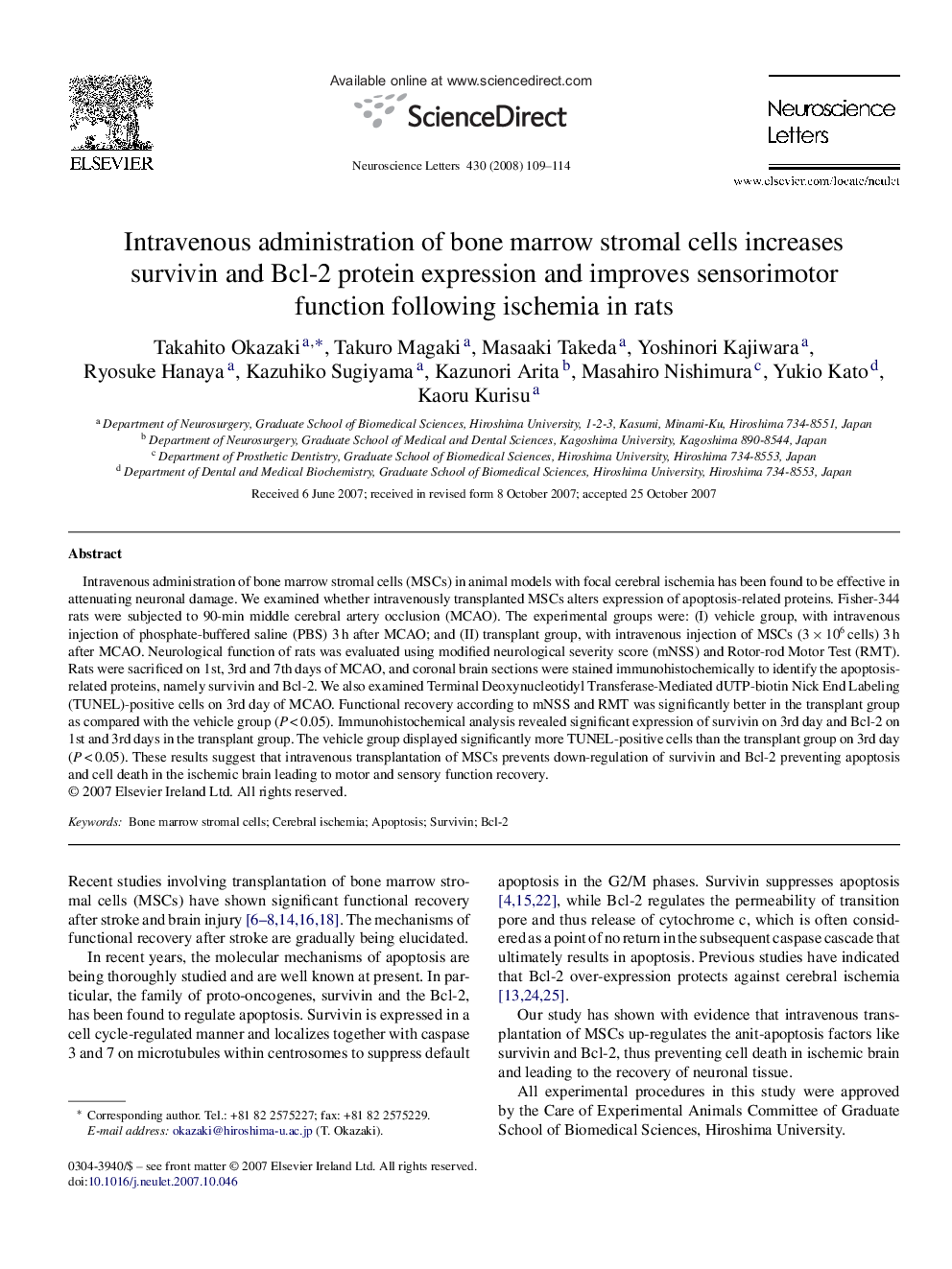 Intravenous administration of bone marrow stromal cells increases survivin and Bcl-2 protein expression and improves sensorimotor function following ischemia in rats