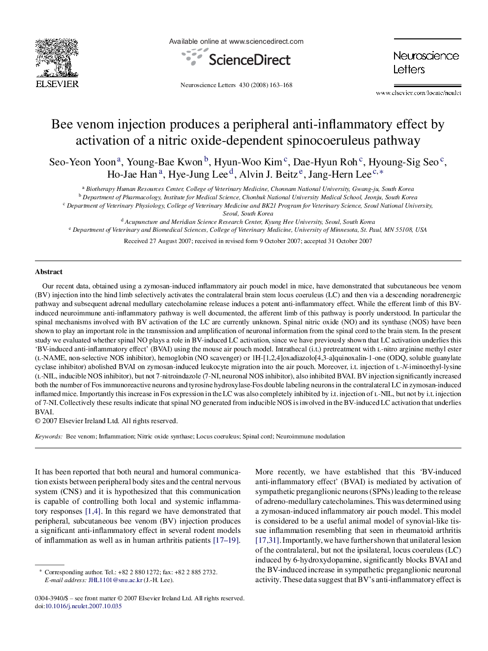 Bee venom injection produces a peripheral anti-inflammatory effect by activation of a nitric oxide-dependent spinocoeruleus pathway