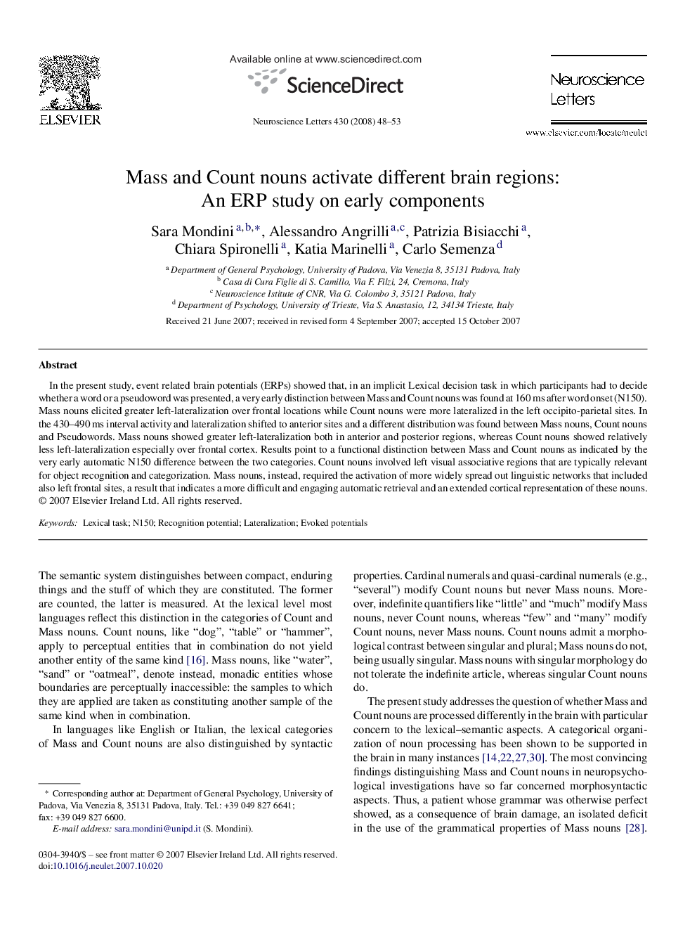 Mass and Count nouns activate different brain regions: An ERP study on early components