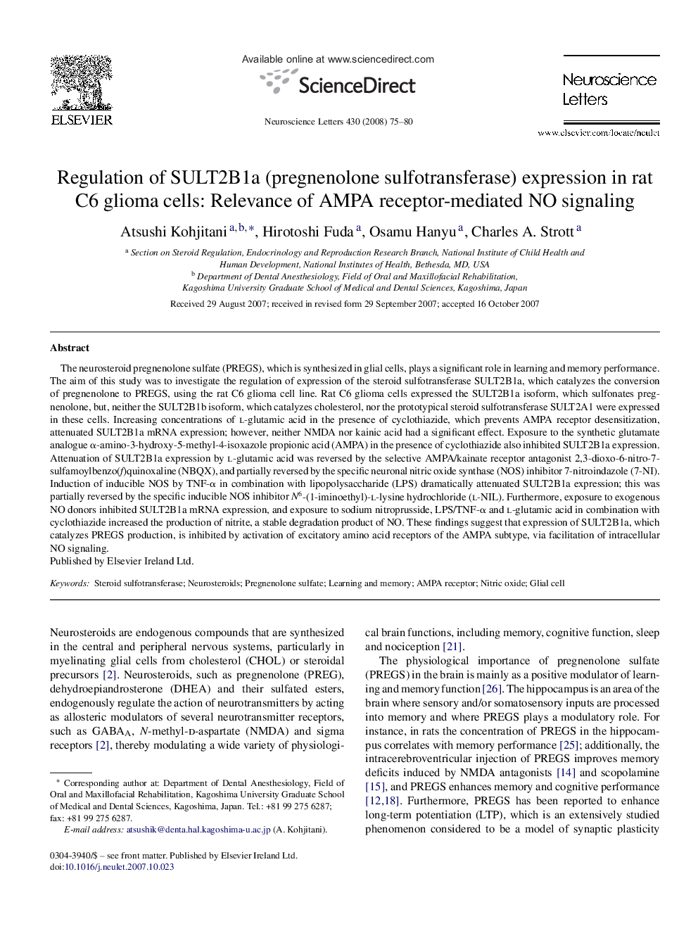 Regulation of SULT2B1a (pregnenolone sulfotransferase) expression in rat C6 glioma cells: Relevance of AMPA receptor-mediated NO signaling