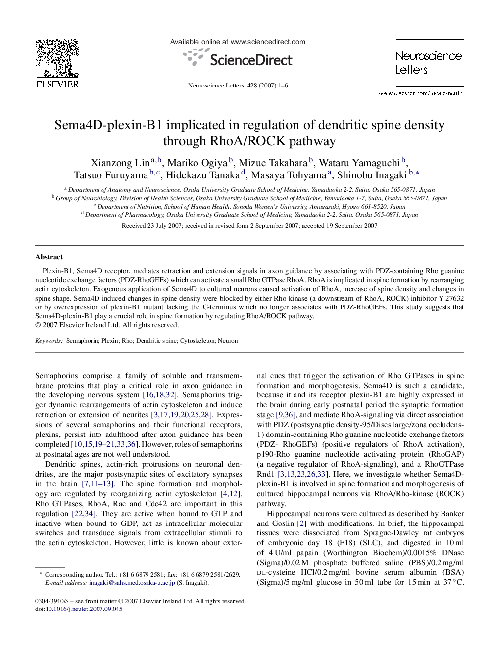 Sema4D-plexin-B1 implicated in regulation of dendritic spine density through RhoA/ROCK pathway