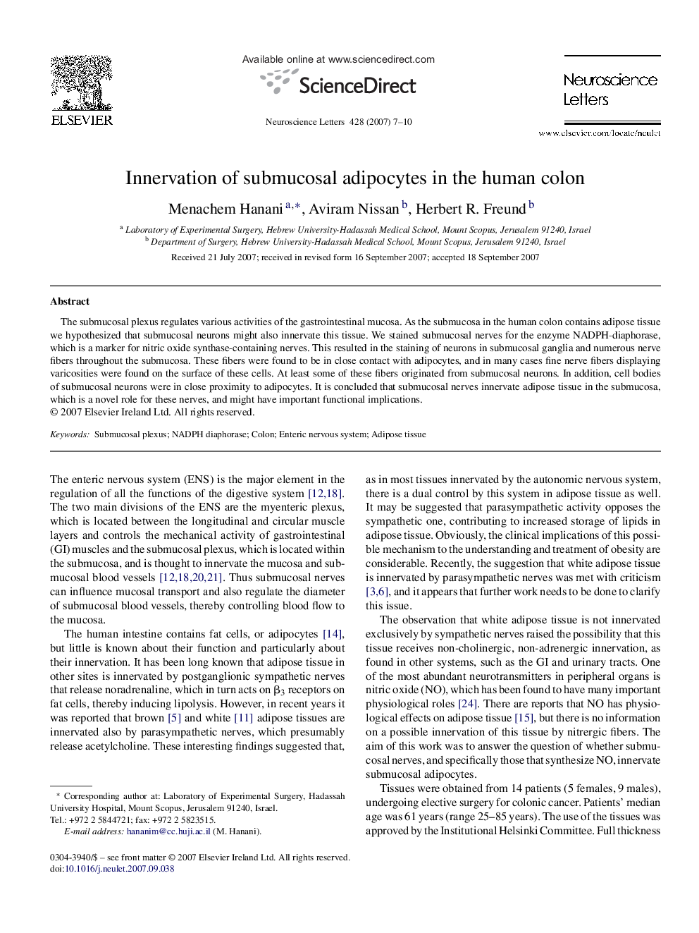 Innervation of submucosal adipocytes in the human colon