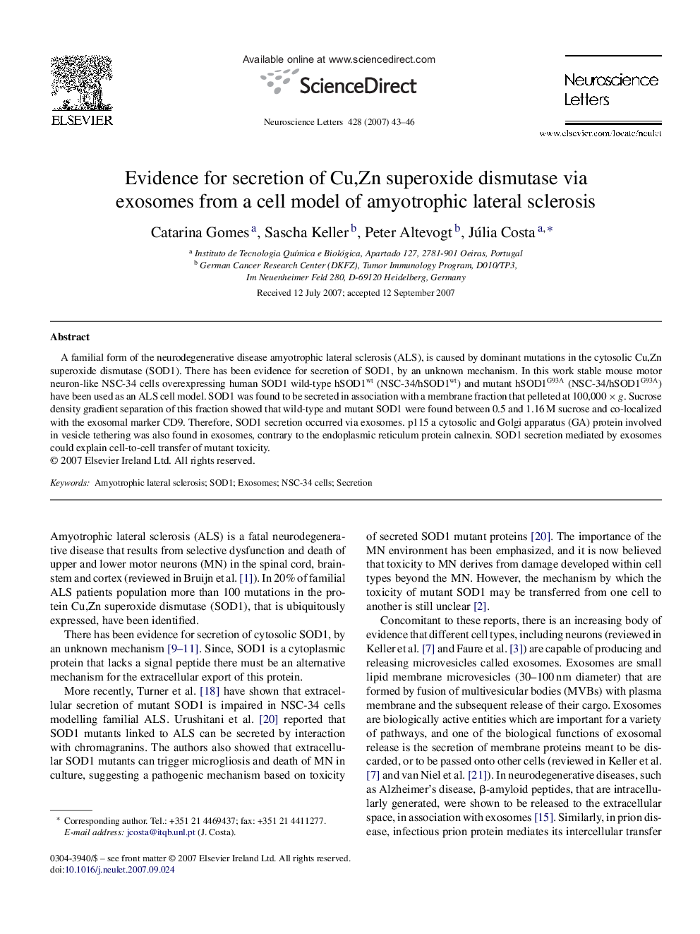 Evidence for secretion of Cu,Zn superoxide dismutase via exosomes from a cell model of amyotrophic lateral sclerosis