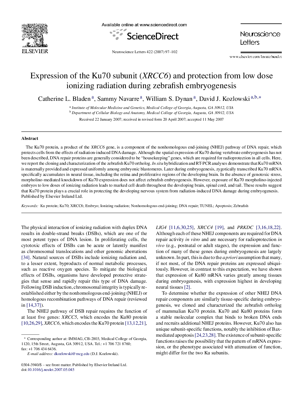 Expression of the Ku70 subunit (XRCC6) and protection from low dose ionizing radiation during zebrafish embryogenesis