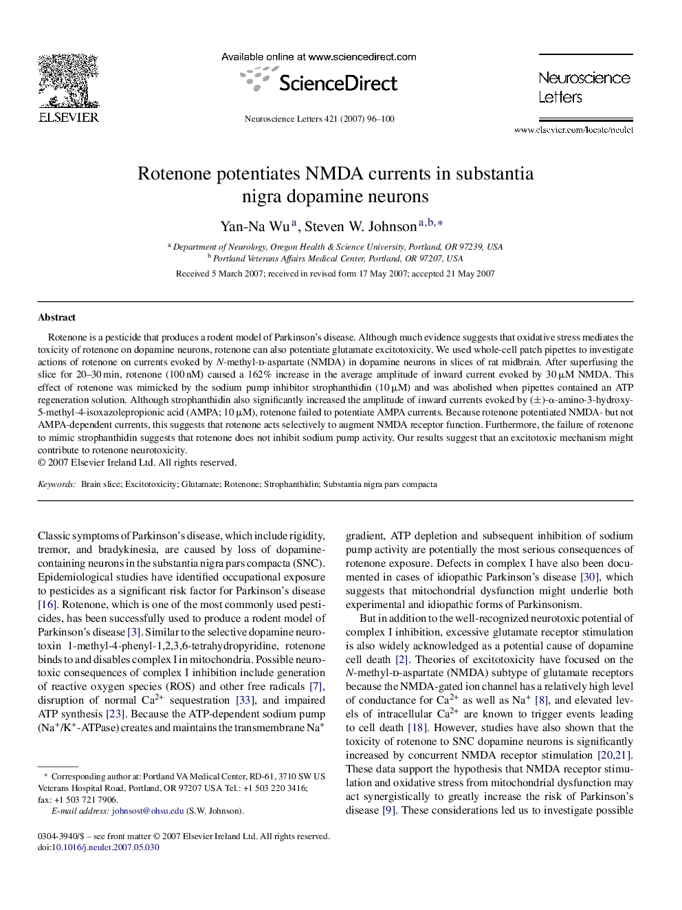 Rotenone potentiates NMDA currents in substantia nigra dopamine neurons