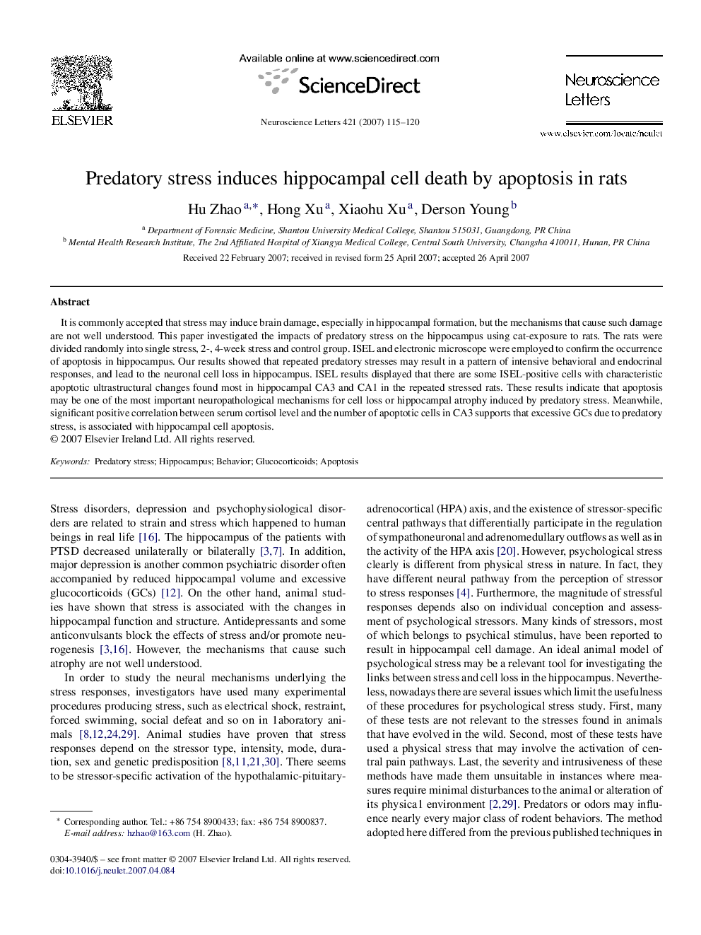 Predatory stress induces hippocampal cell death by apoptosis in rats