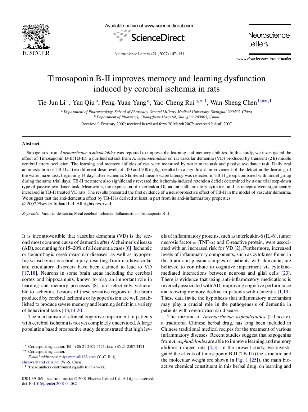 Timosaponin B-II improves memory and learning dysfunction induced by cerebral ischemia in rats