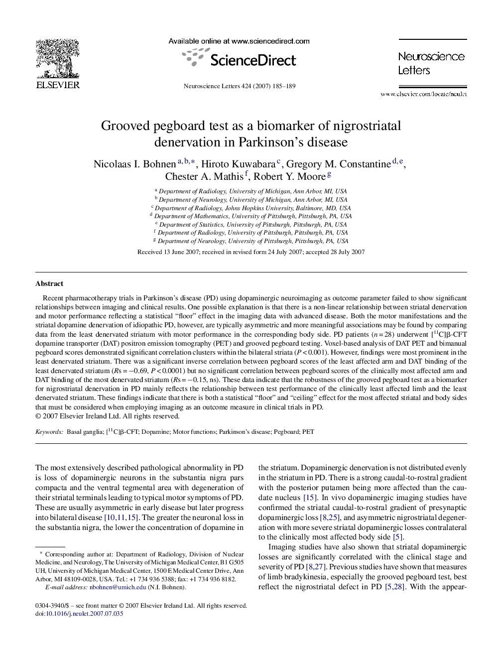 Grooved pegboard test as a biomarker of nigrostriatal denervation in Parkinson's disease