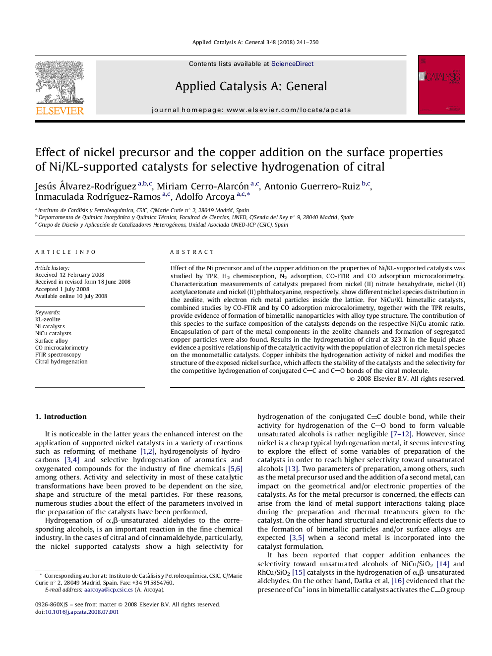 Effect of nickel precursor and the copper addition on the surface properties of Ni/KL-supported catalysts for selective hydrogenation of citral