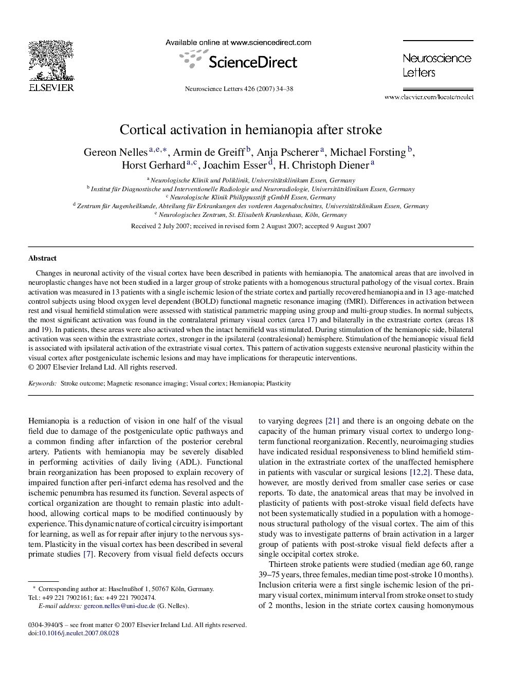 Cortical activation in hemianopia after stroke