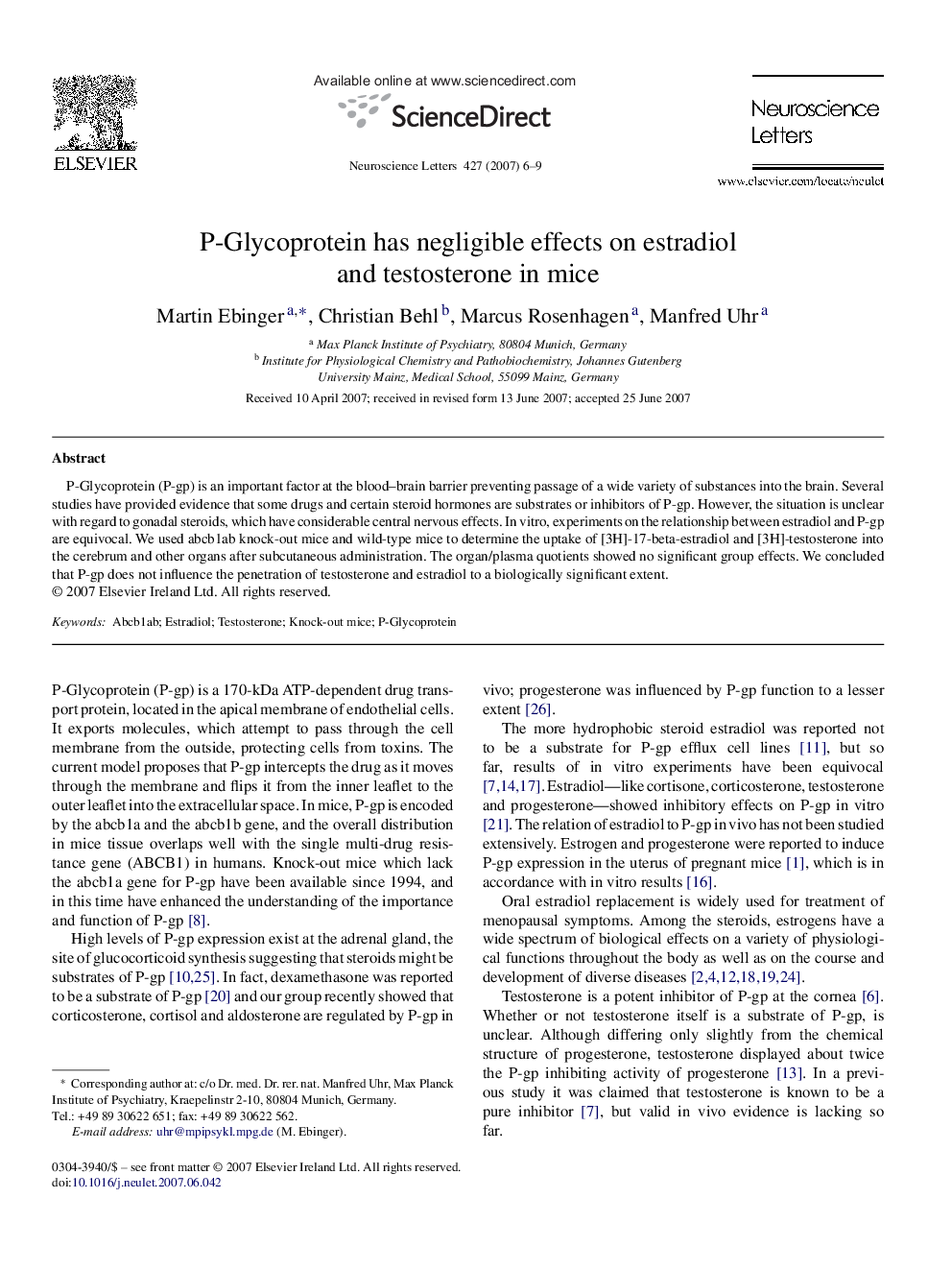 P-Glycoprotein has negligible effects on estradiol and testosterone in mice