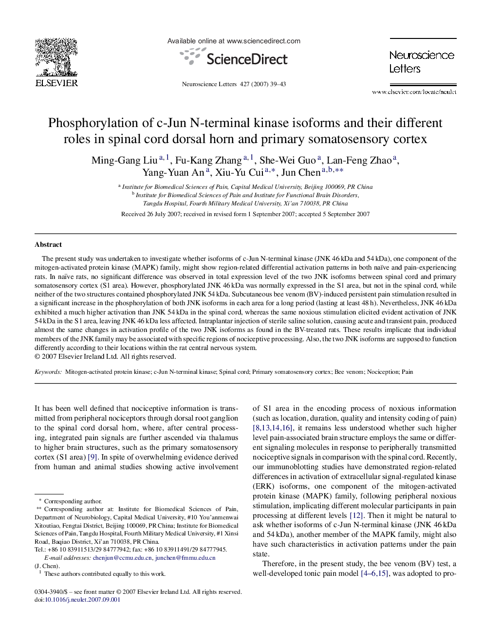 Phosphorylation of c-Jun N-terminal kinase isoforms and their different roles in spinal cord dorsal horn and primary somatosensory cortex