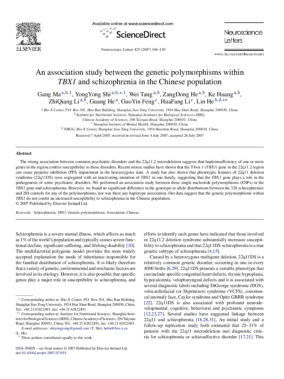 An association study between the genetic polymorphisms within TBX1 and schizophrenia in the Chinese population