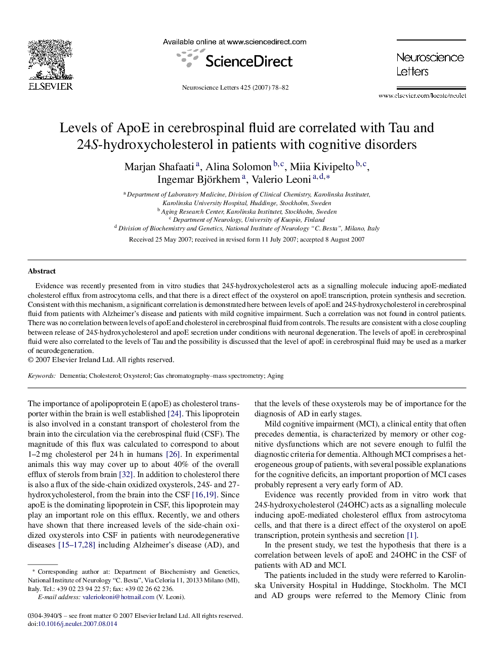 Levels of ApoE in cerebrospinal fluid are correlated with Tau and 24S-hydroxycholesterol in patients with cognitive disorders