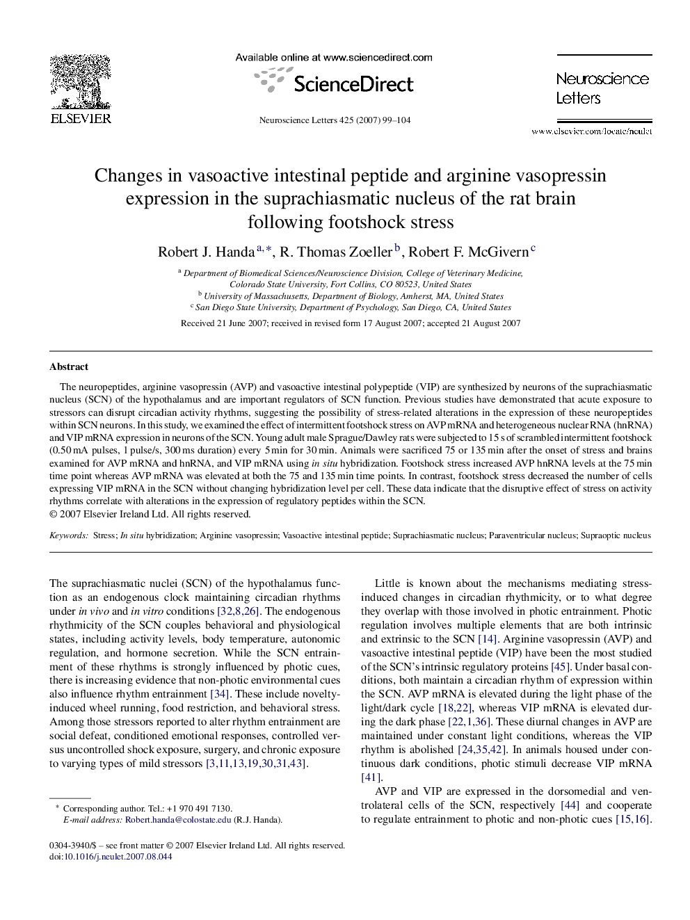 Changes in vasoactive intestinal peptide and arginine vasopressin expression in the suprachiasmatic nucleus of the rat brain following footshock stress