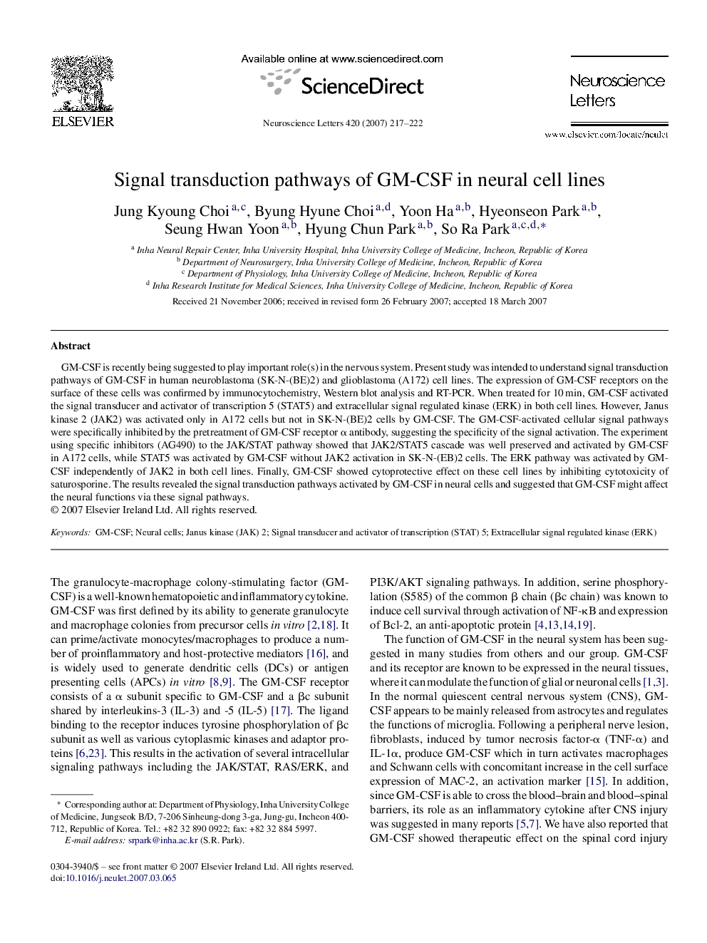 Signal transduction pathways of GM-CSF in neural cell lines