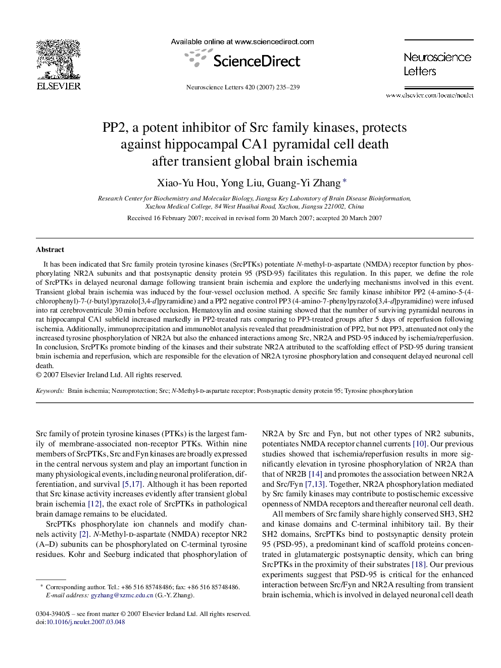 PP2, a potent inhibitor of Src family kinases, protects against hippocampal CA1 pyramidal cell death after transient global brain ischemia