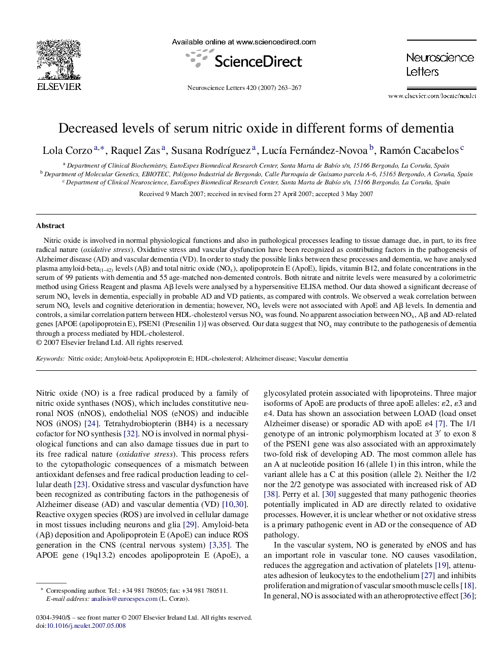 Decreased levels of serum nitric oxide in different forms of dementia