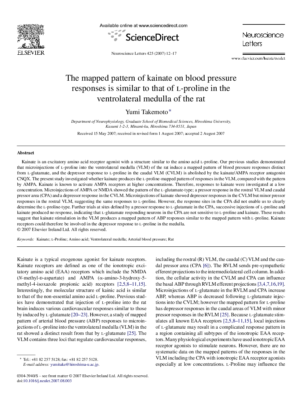 The mapped pattern of kainate on blood pressure responses is similar to that of l-proline in the ventrolateral medulla of the rat