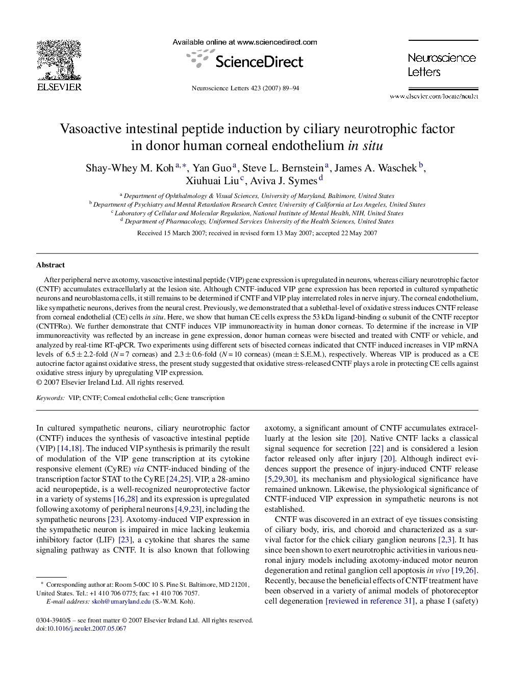 Vasoactive intestinal peptide induction by ciliary neurotrophic factor in donor human corneal endothelium in situ