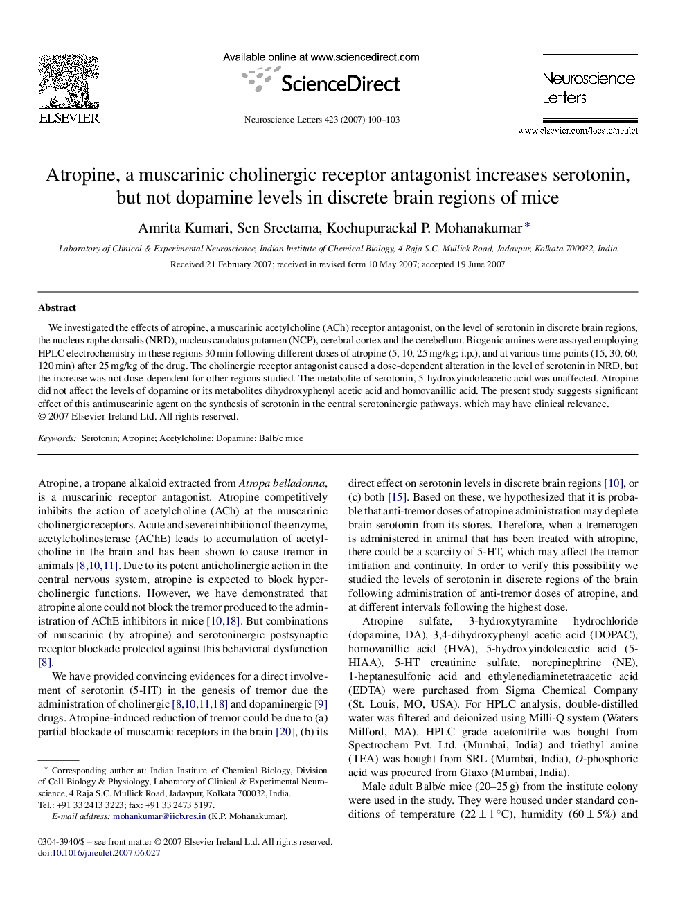 Atropine, a muscarinic cholinergic receptor antagonist increases serotonin, but not dopamine levels in discrete brain regions of mice