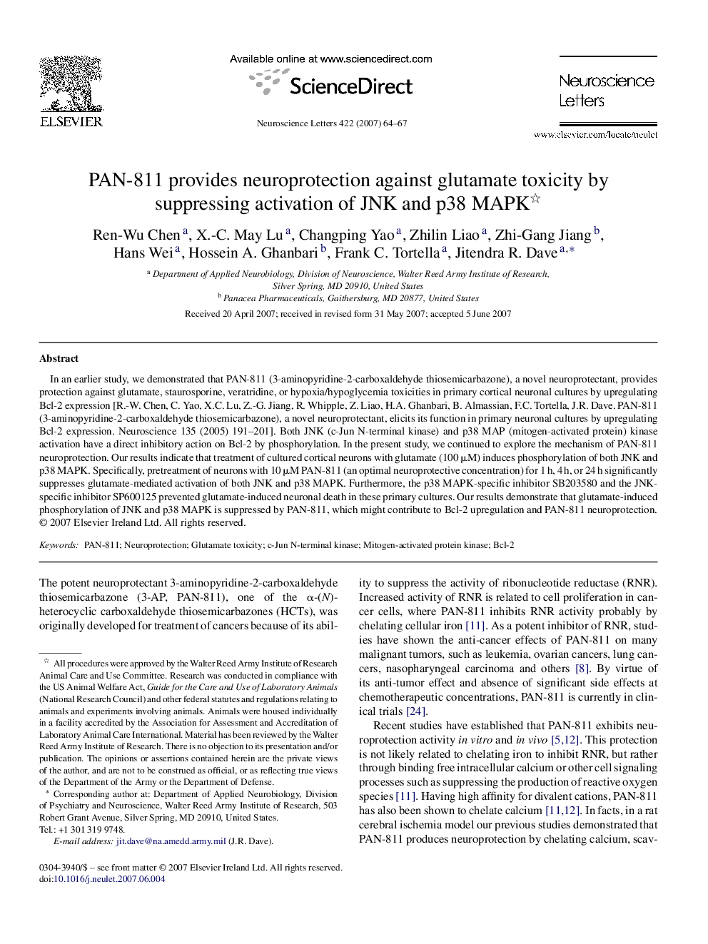 PAN-811 provides neuroprotection against glutamate toxicity by suppressing activation of JNK and p38 MAPK 