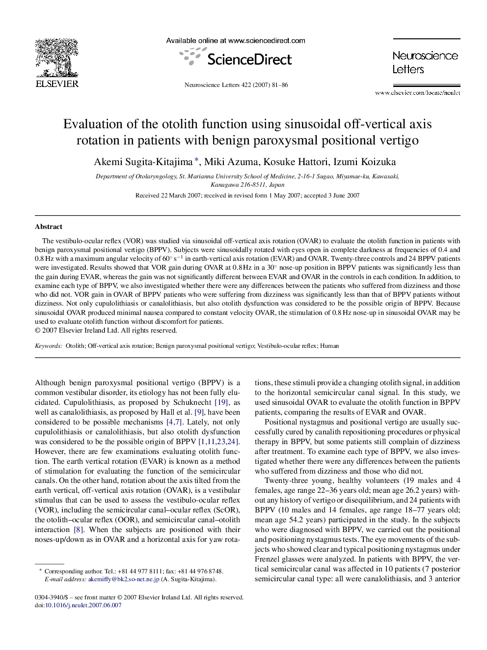 Evaluation of the otolith function using sinusoidal off-vertical axis rotation in patients with benign paroxysmal positional vertigo