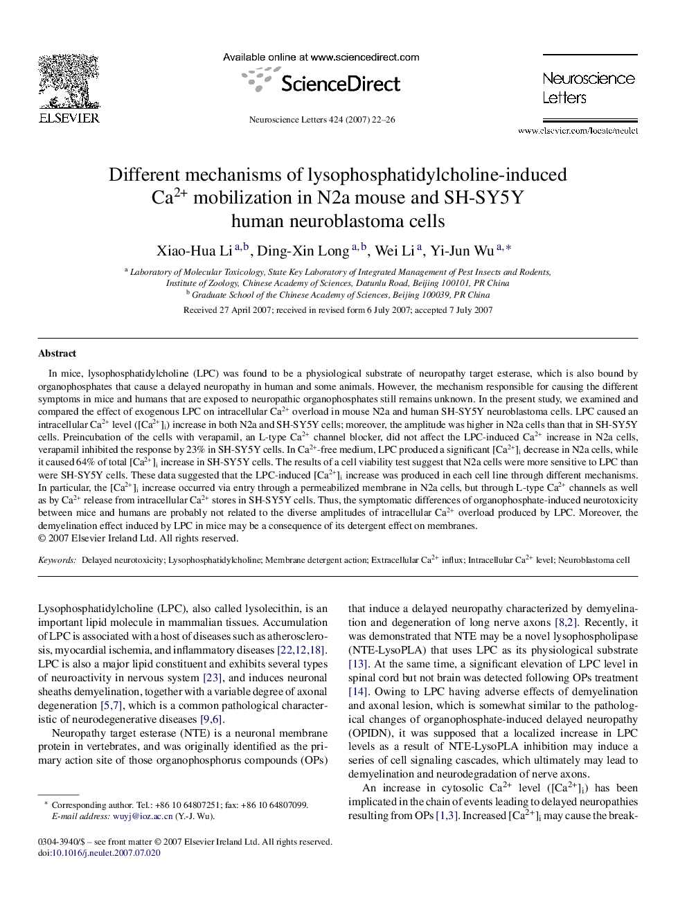 Different mechanisms of lysophosphatidylcholine-induced Ca2+ mobilization in N2a mouse and SH-SY5Y human neuroblastoma cells