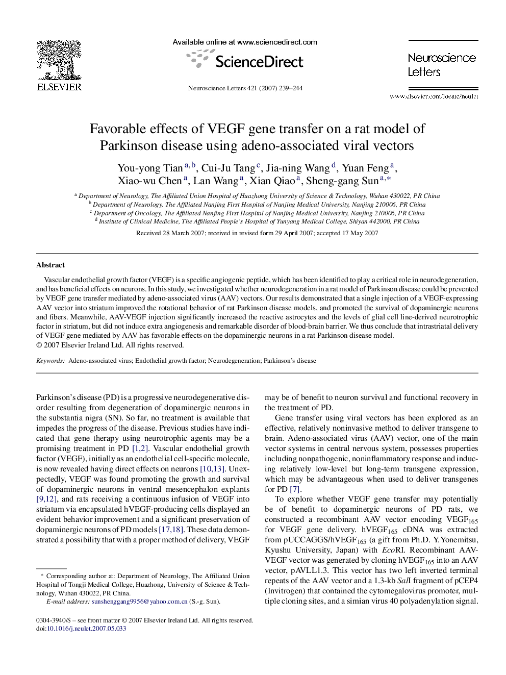 Favorable effects of VEGF gene transfer on a rat model of Parkinson disease using adeno-associated viral vectors