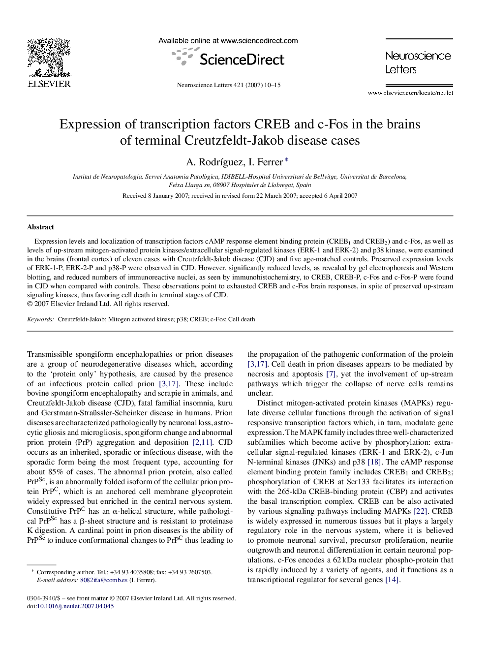 Expression of transcription factors CREB and c-Fos in the brains of terminal Creutzfeldt-Jakob disease cases