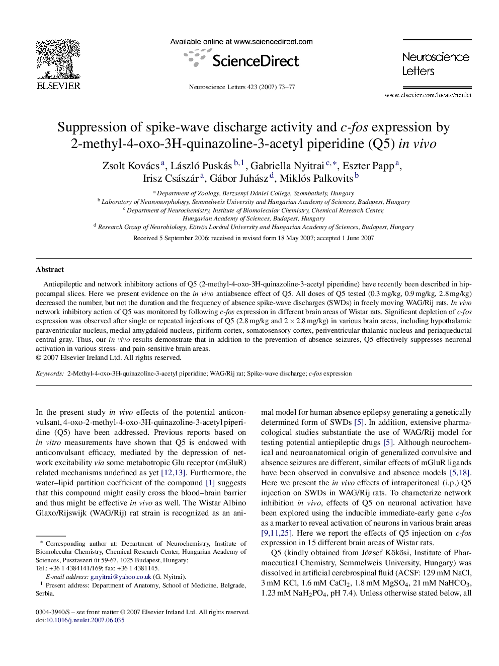 Suppression of spike-wave discharge activity and c-fos expression by 2-methyl-4-oxo-3H-quinazoline-3-acetyl piperidine (Q5) in vivo