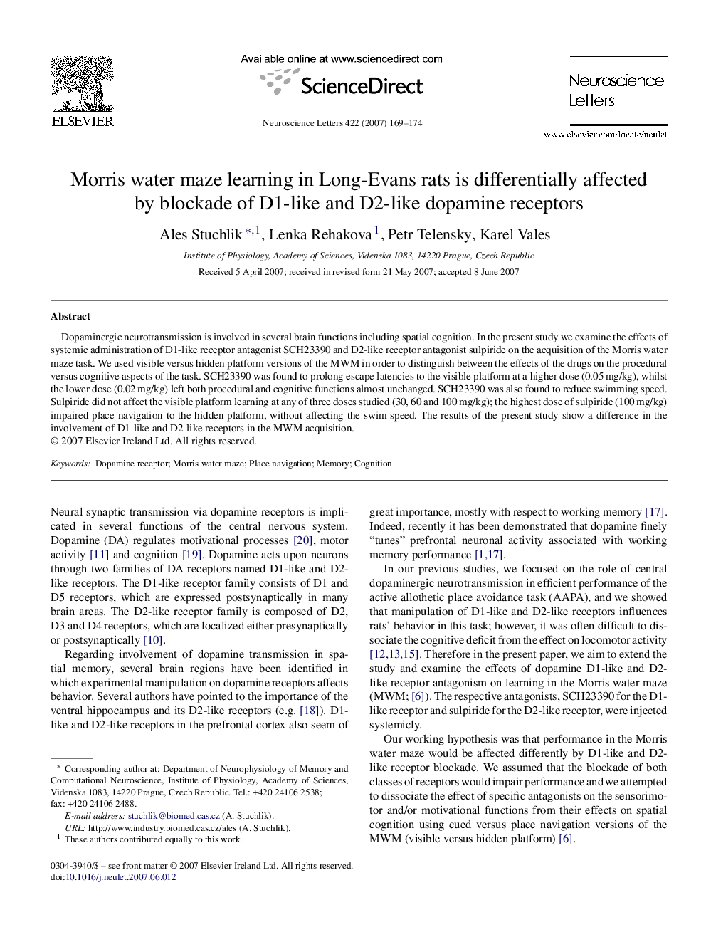 Morris water maze learning in Long-Evans rats is differentially affected by blockade of D1-like and D2-like dopamine receptors