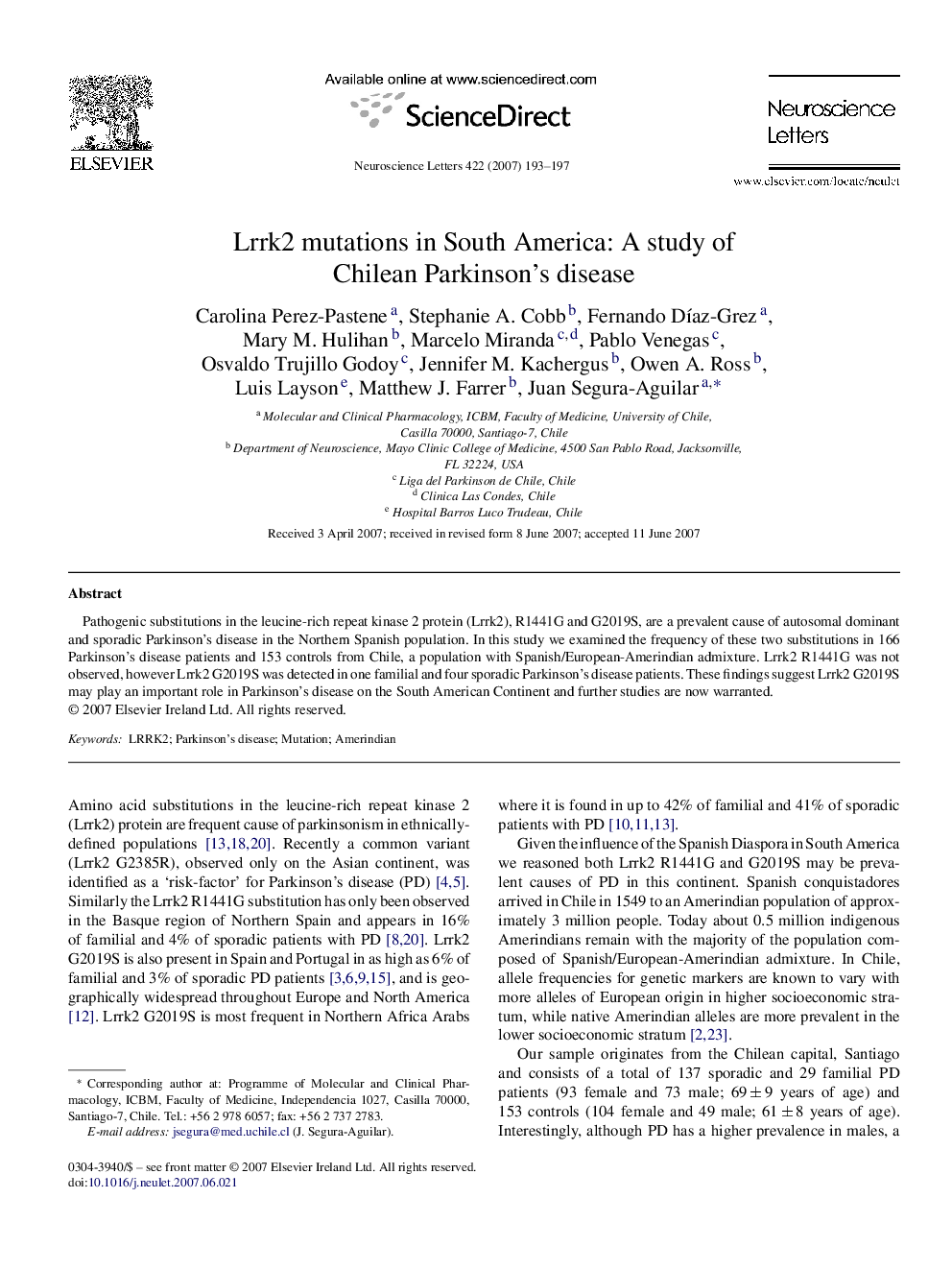 Lrrk2 mutations in South America: A study of Chilean Parkinson's disease