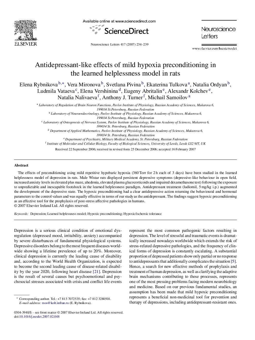 Antidepressant-like effects of mild hypoxia preconditioning in the learned helplessness model in rats