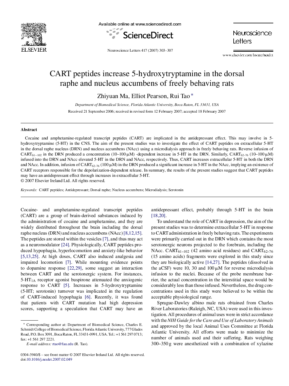 CART peptides increase 5-hydroxytryptamine in the dorsal raphe and nucleus accumbens of freely behaving rats