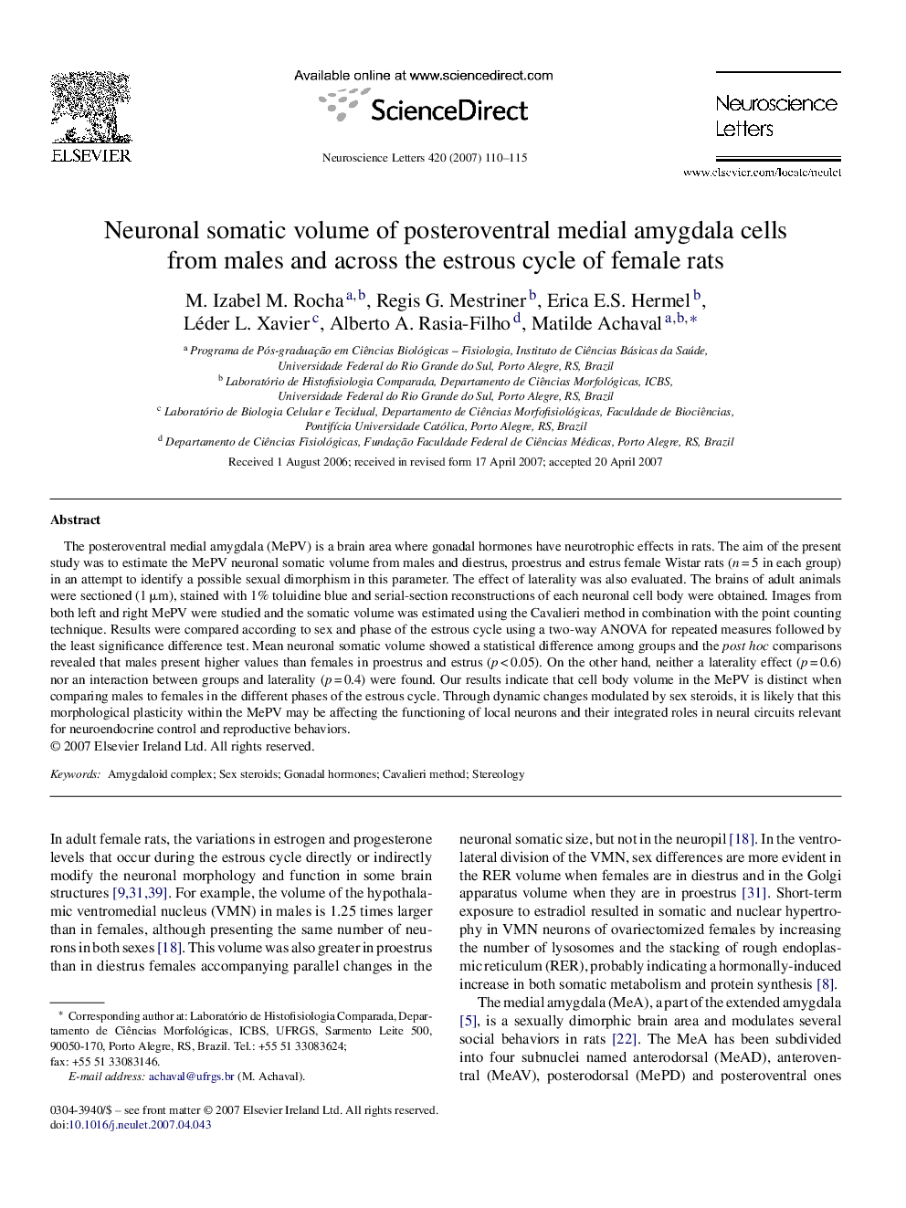 Neuronal somatic volume of posteroventral medial amygdala cells from males and across the estrous cycle of female rats